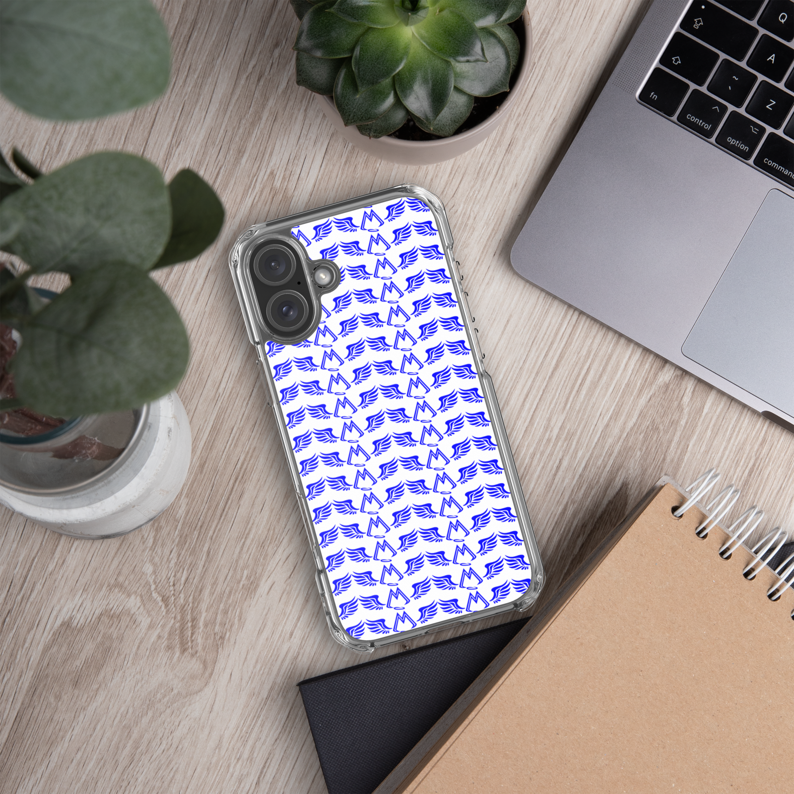 White Clear Cases For iPhone 16 With Duplicated Blue MM Iconic Logo