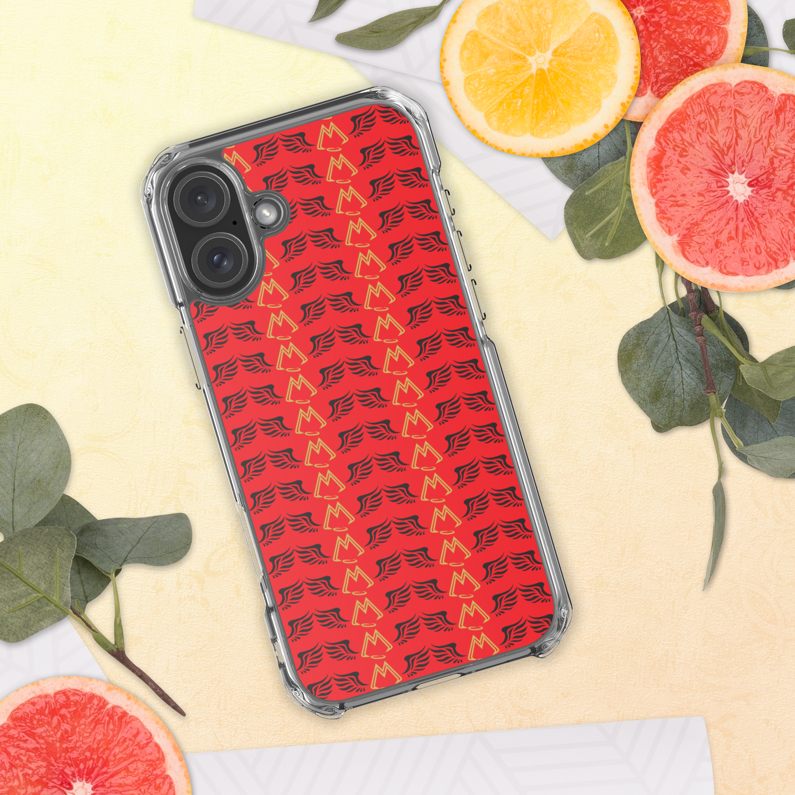 Red Clear Cases For iPhone 16 With Duplicated Gold-Black MM Iconic Logo