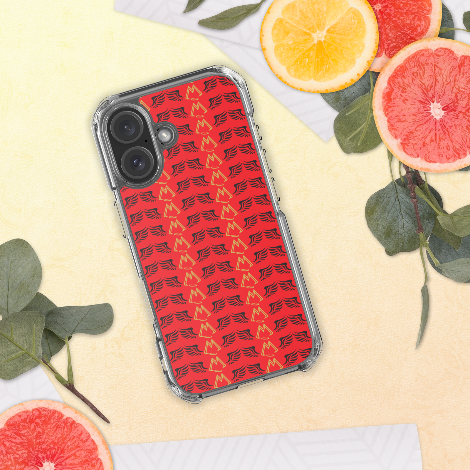 Red Clear Cases For iPhone 16 With Duplicated Gold-Black MM Iconic Logo