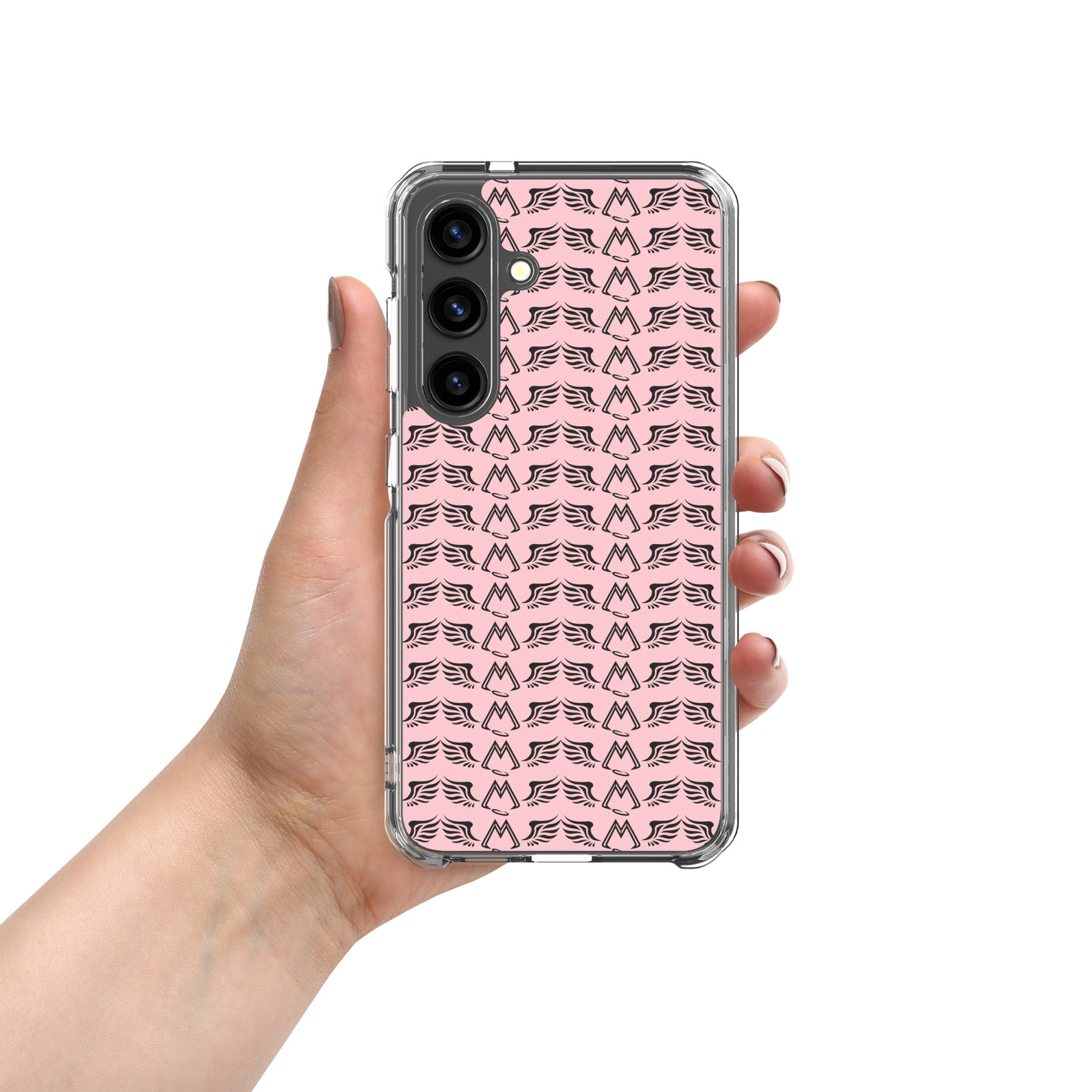 Pink Clear Samsung Galaxy S24 Cases With Duplicated Black MM Iconic Logo