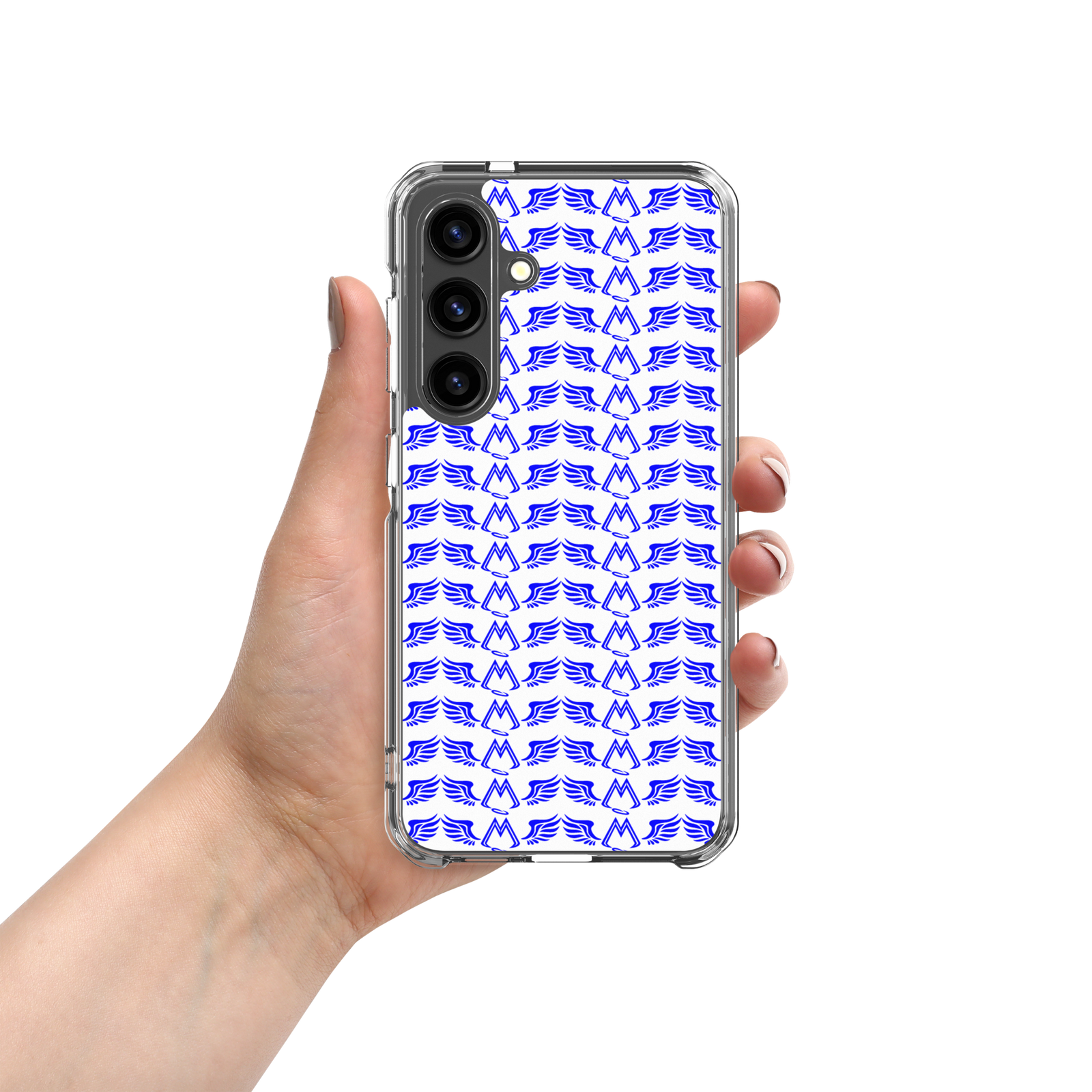 White Clear Samsung Galaxy S24 Cases With Duplicated Blue MM Iconic Logo