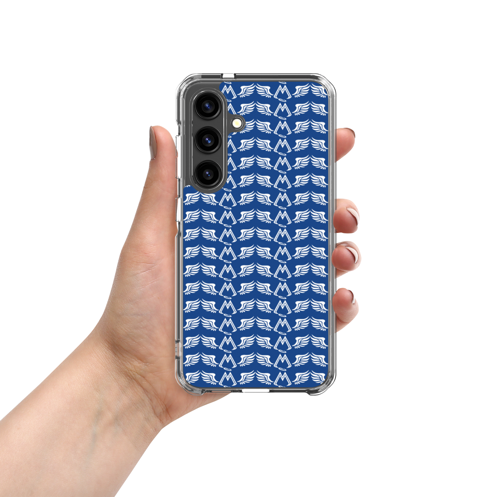 Blue Clear Samsung Galaxy S24 Cases With Duplicated White MM Iconic Logo