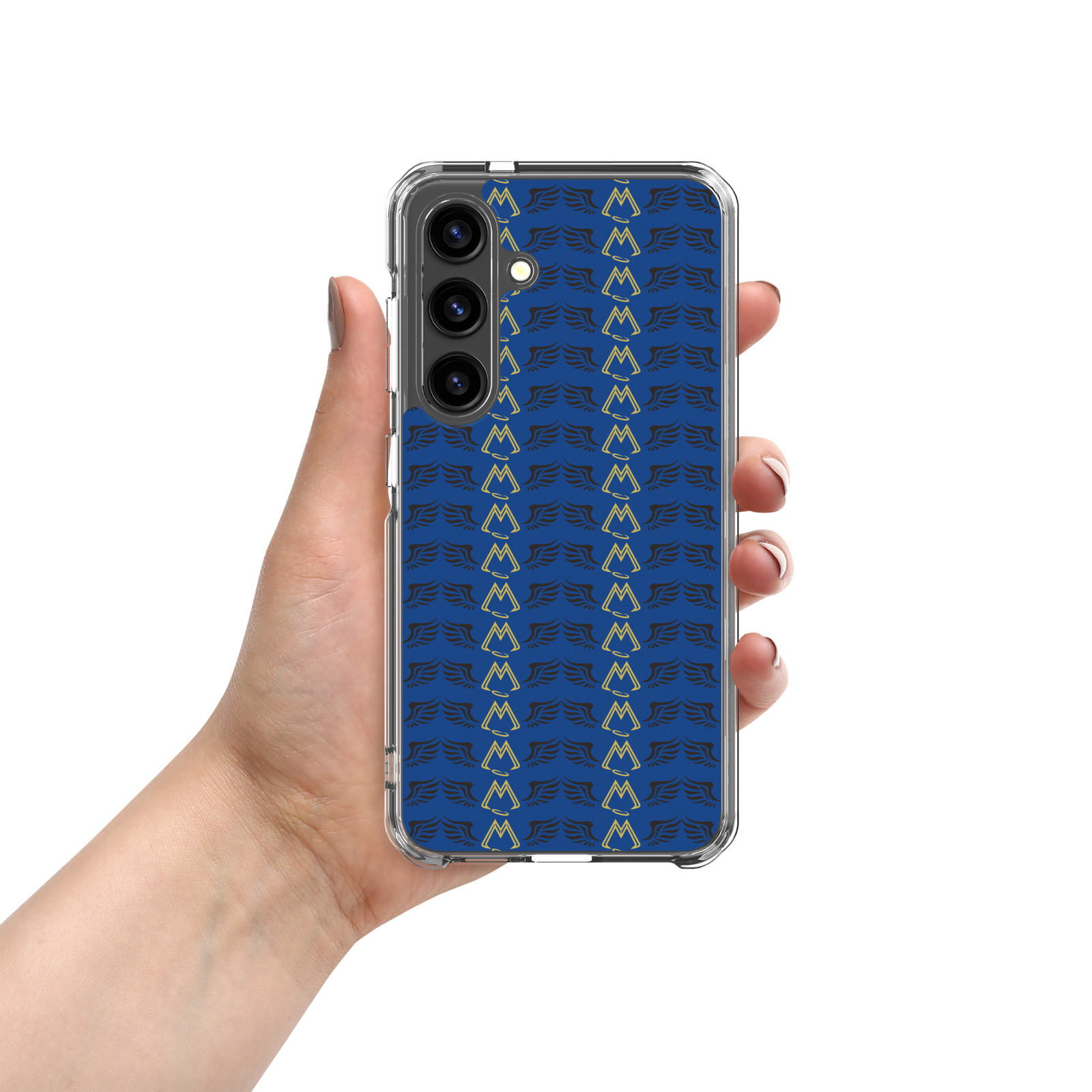 Blue Clear Samsung Galaxy S24 Cases With Duplicated Gold-Black MM Iconic Logo