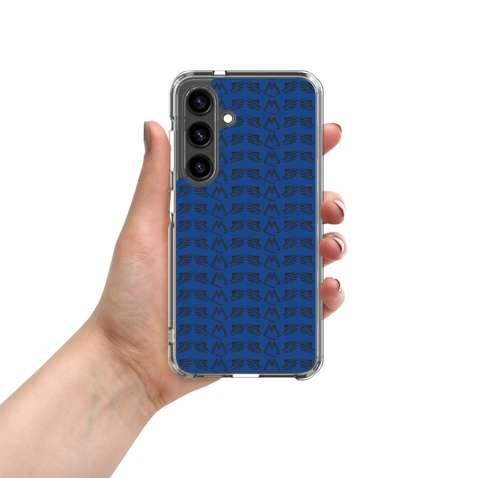 Blue Clear Samsung Galaxy S24 Cases With Duplicated Black MM Iconic Logo