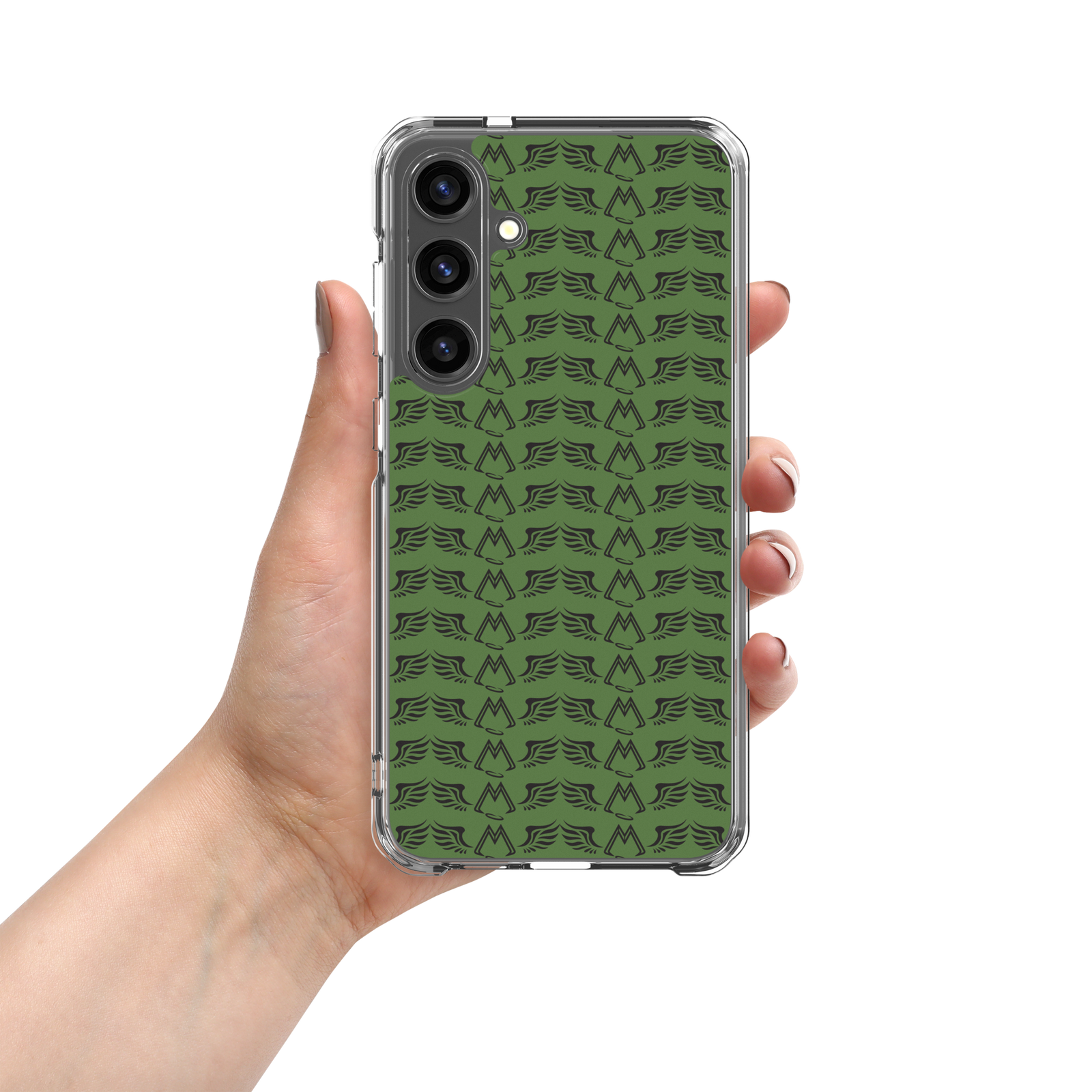 Army Green Clear Samsung Galaxy S24 Cases With Duplicated Black MM Iconic Logo
