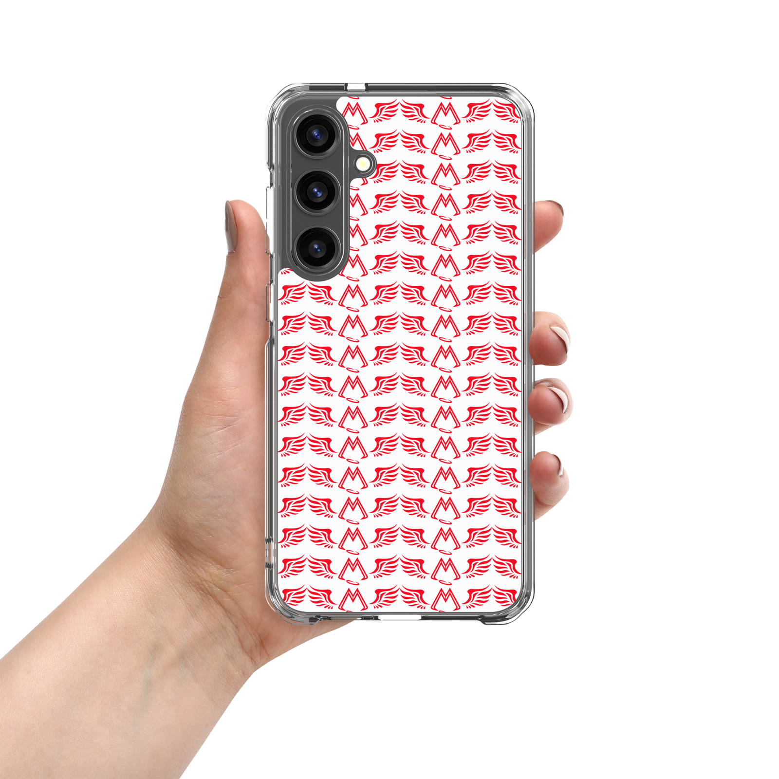 White Clear Samsung Galaxy S24 Cases With Duplicated Red MM Iconic Logo
