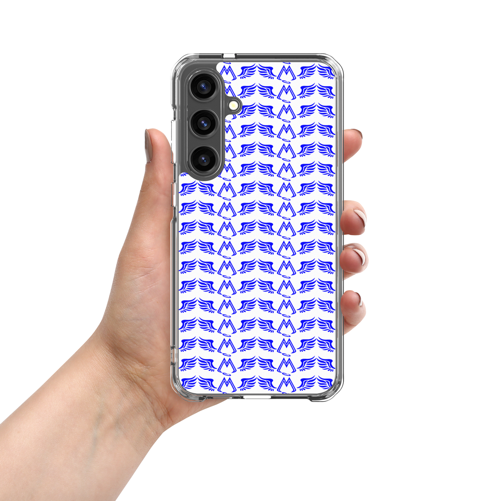 White Clear Samsung Galaxy S24 Cases With Duplicated Blue MM Iconic Logo