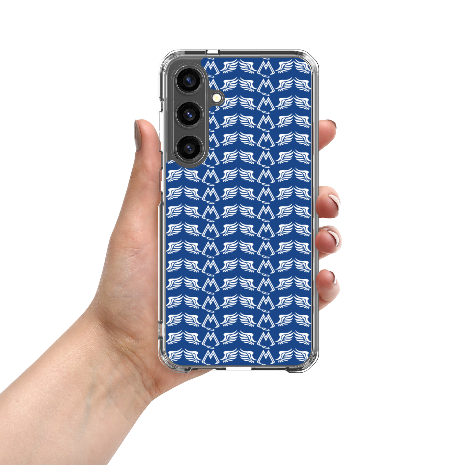 Blue Clear Samsung Galaxy S24 Cases With Duplicated White MM Iconic Logo