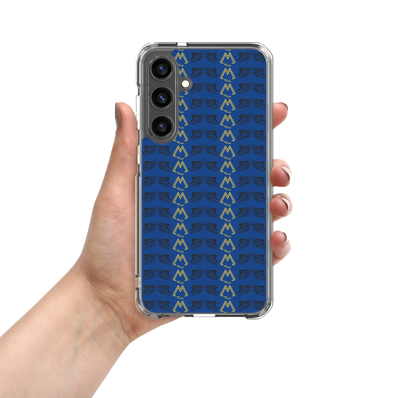 Blue Clear Samsung Galaxy S24 Cases With Duplicated Gold-Black MM Iconic Logo