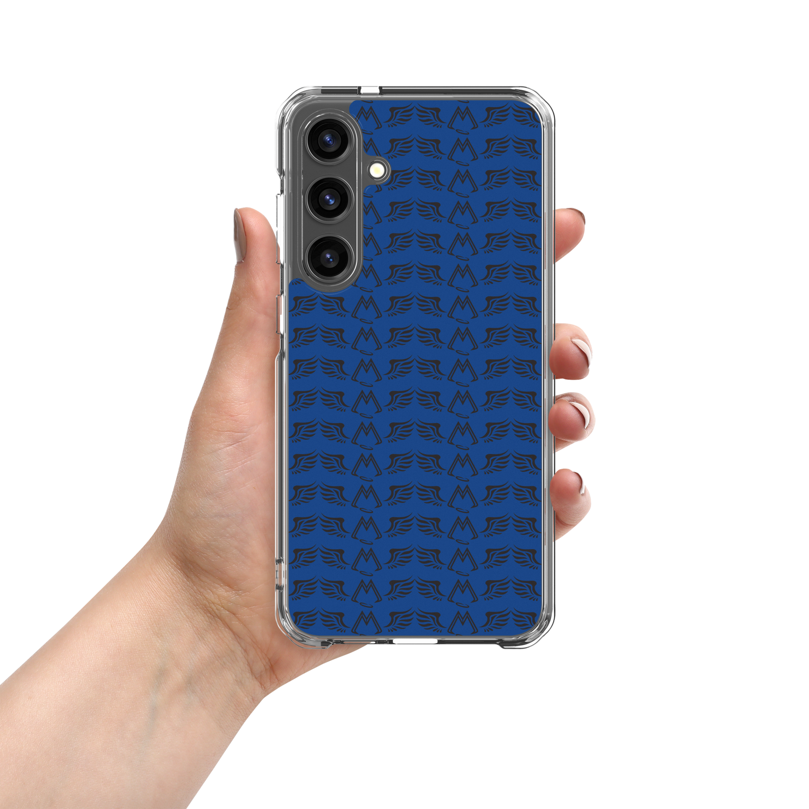 Blue Clear Samsung Galaxy S24 Cases With Duplicated Black MM Iconic Logo