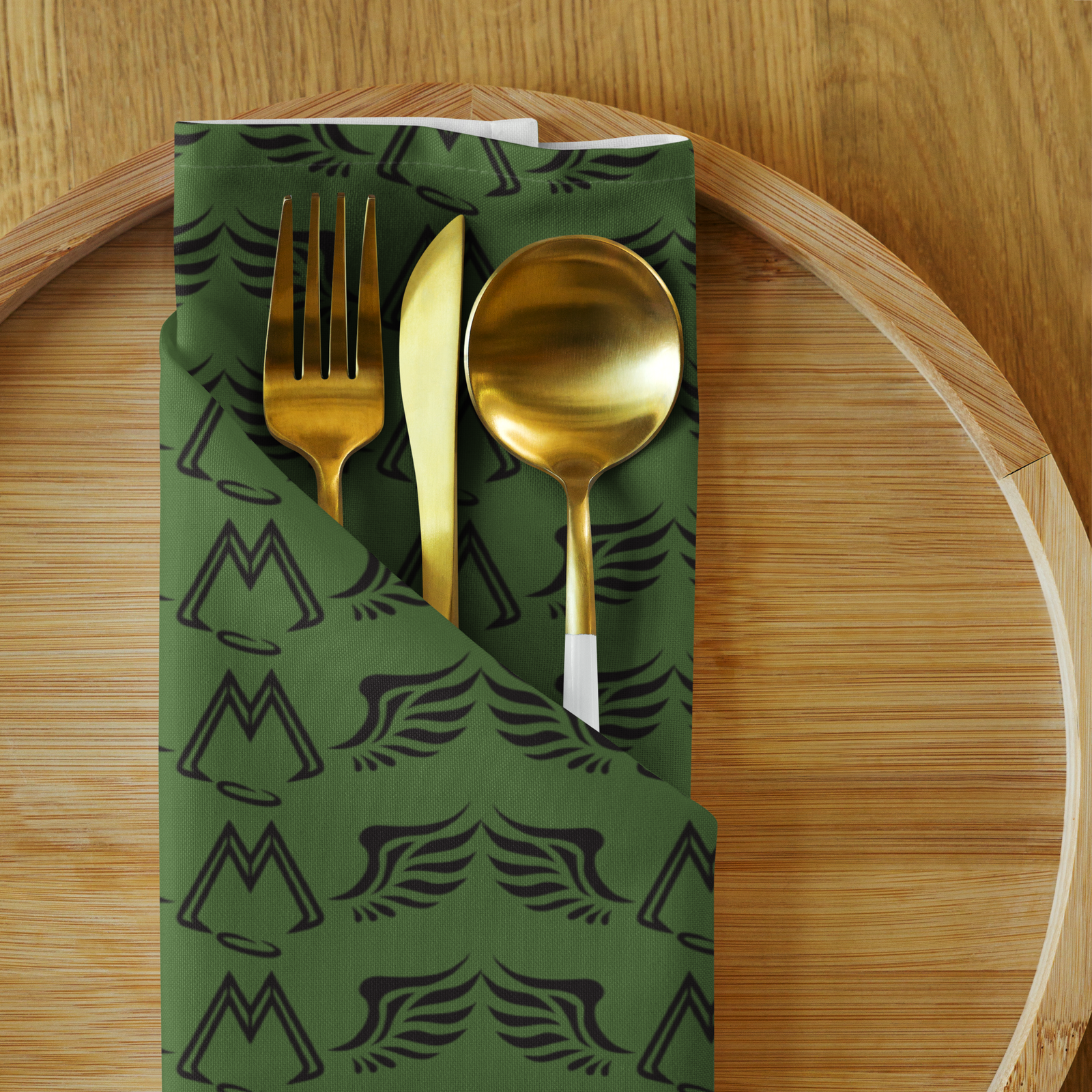 Army Green Cloth Napkin Set Of 4 With Duplicated Black MM Iconic Logo