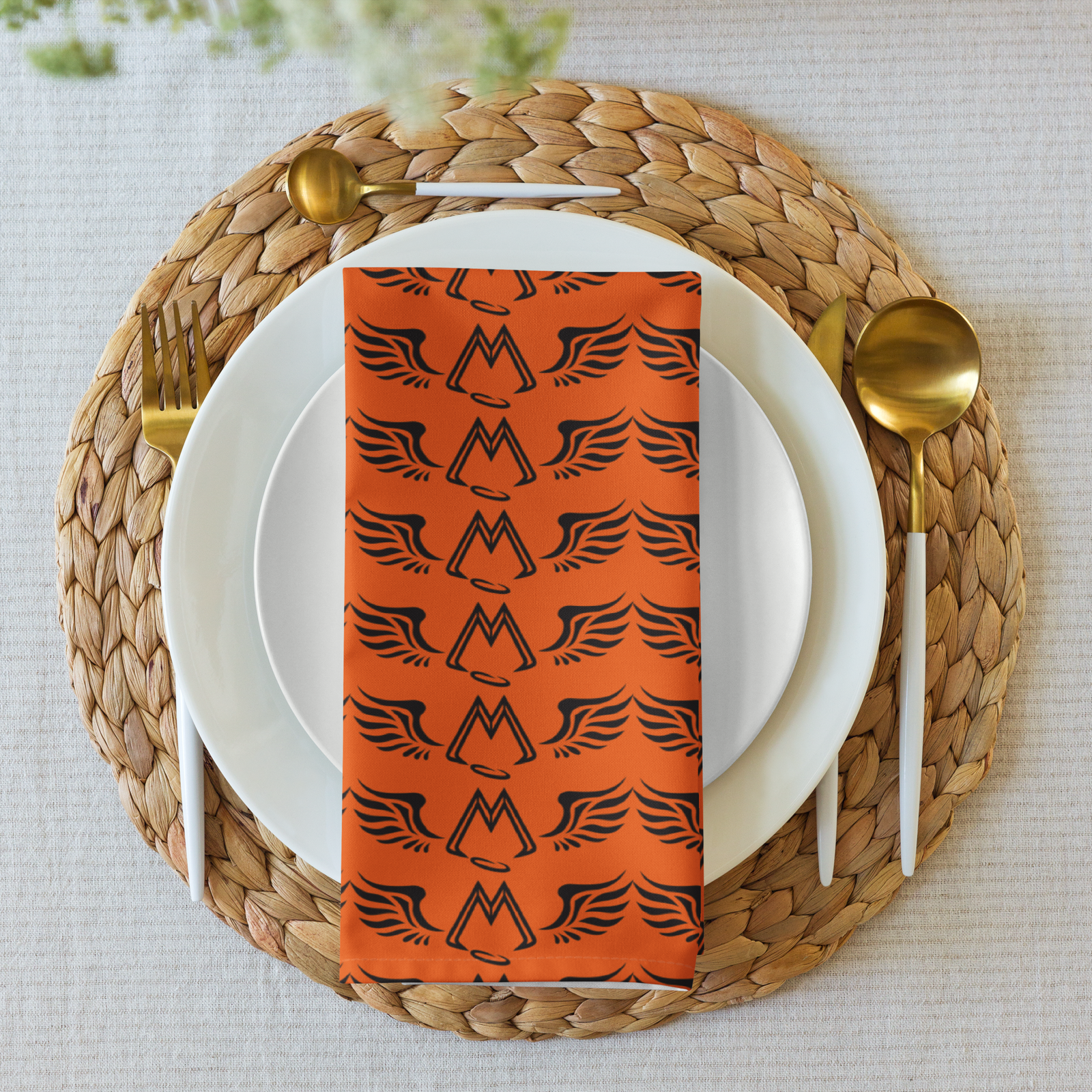 Orange Cloth Napkin Set Of 4 With Duplicated Black MM Iconic Logo