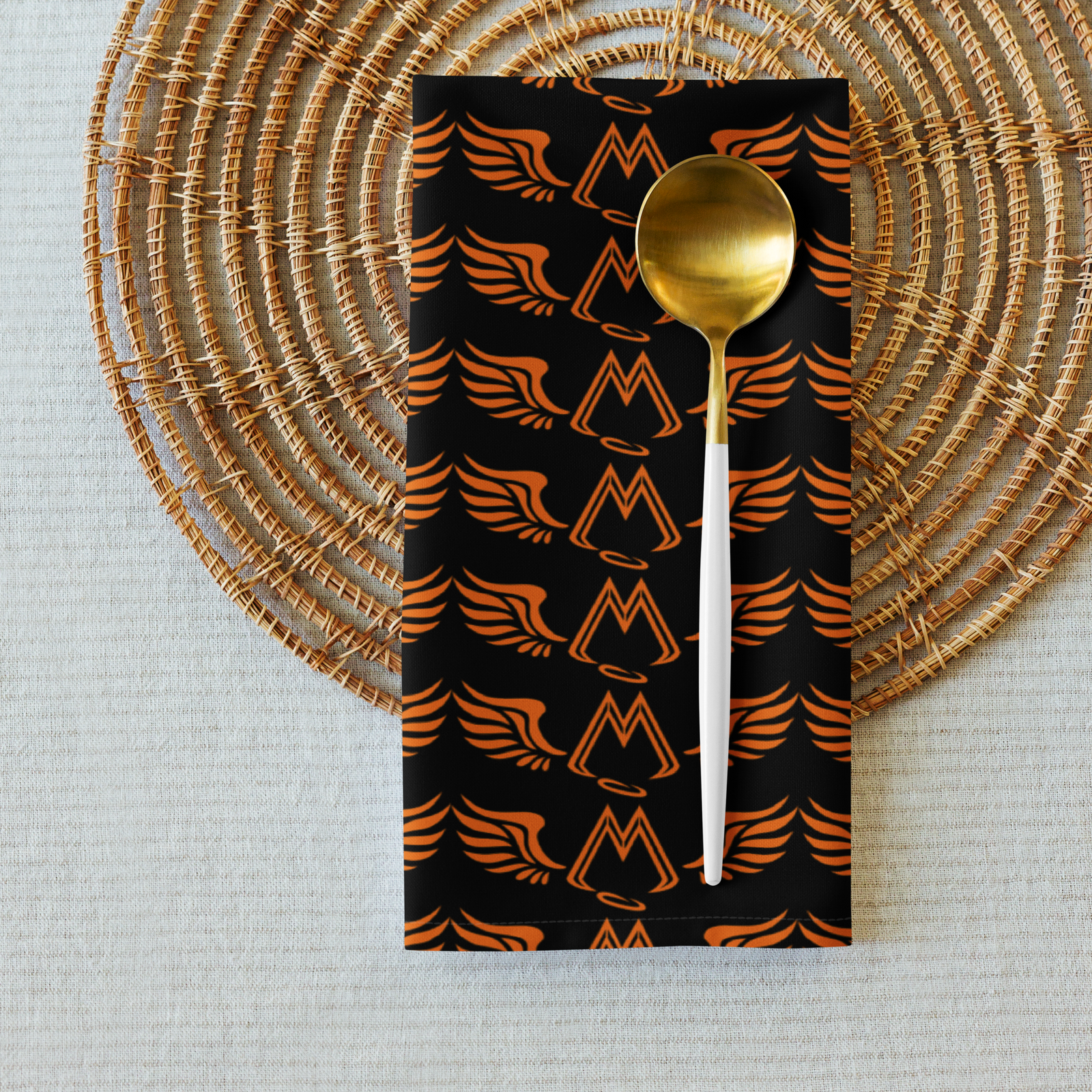 Black Cloth Napkin Set Of 4 With Duplicated Orange MM Iconic Logo