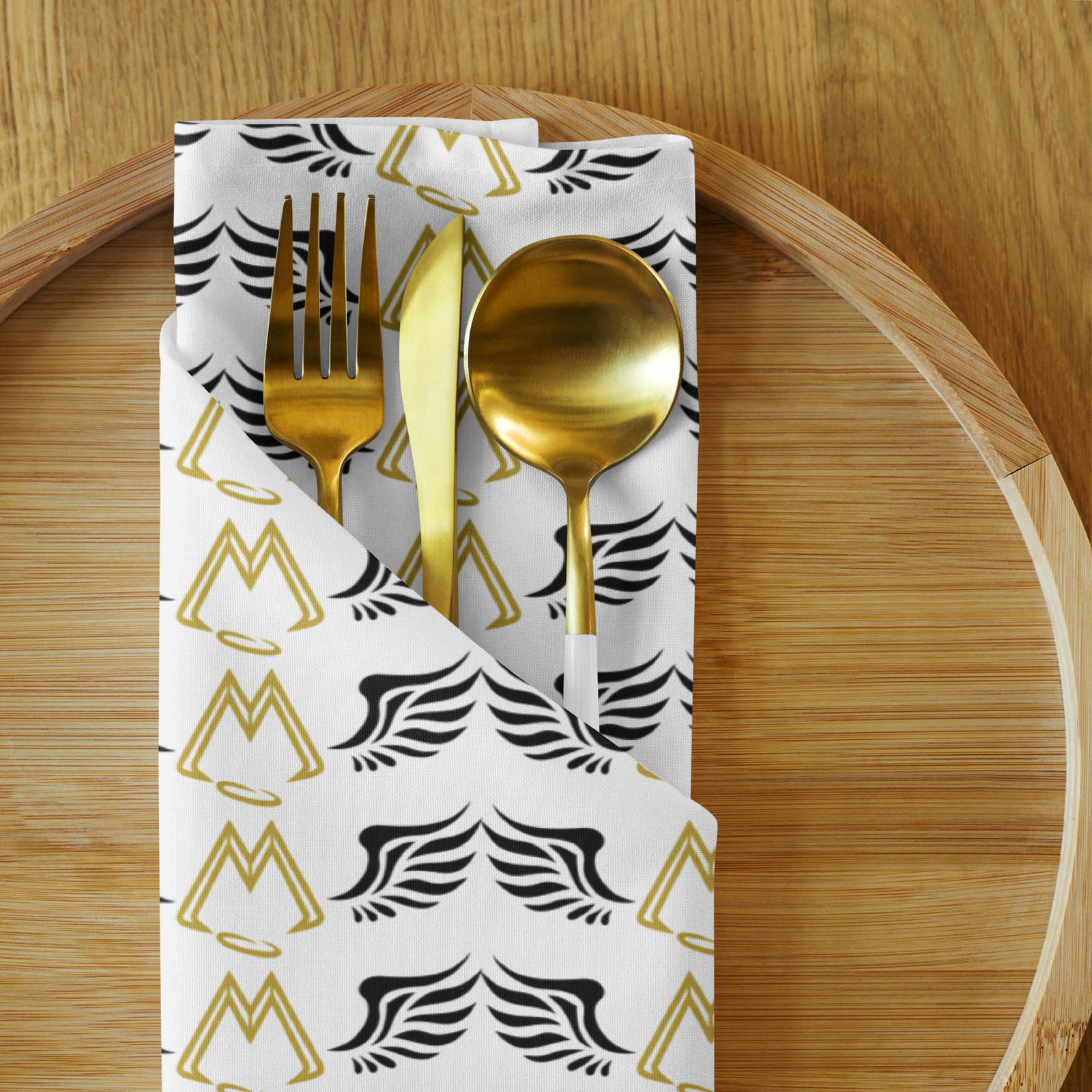 White Cloth Napkin Set Of 4 With Duplicated Gold-Black MM Iconic Logo