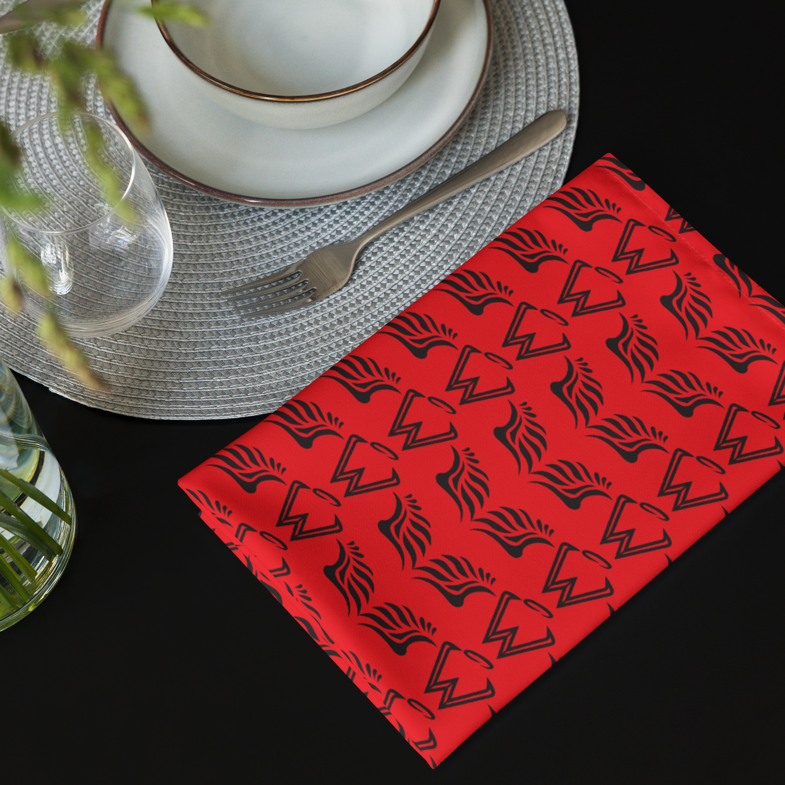 Red Cloth Napkin Set Of 4 With Duplicated Black MM Iconic Logo