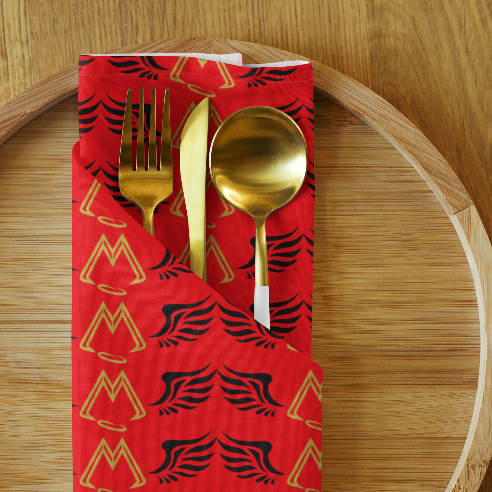 Red Cloth Napkin Set Of 4 With Duplicated Gold-Black MM Iconic Logo