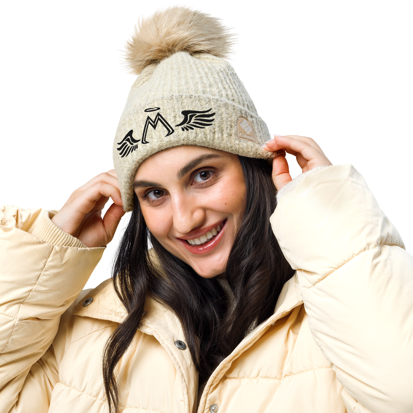 Chalk Columbia Pom-Pom Beanie With Embroidered Black MM Iconic Logo