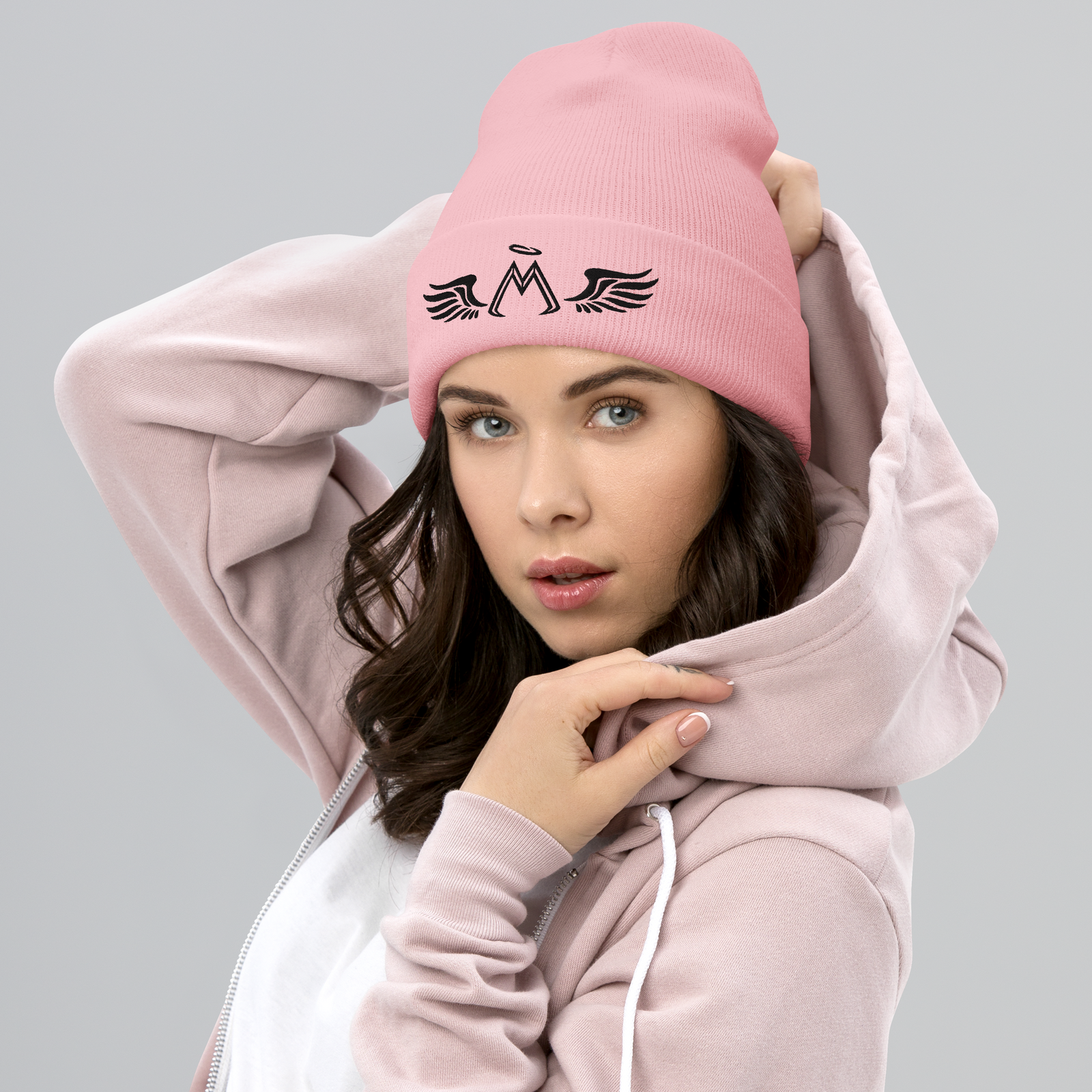 Unisex Baby Pink Cuffed Beanie With Embroidered Black MM Iconic Logo