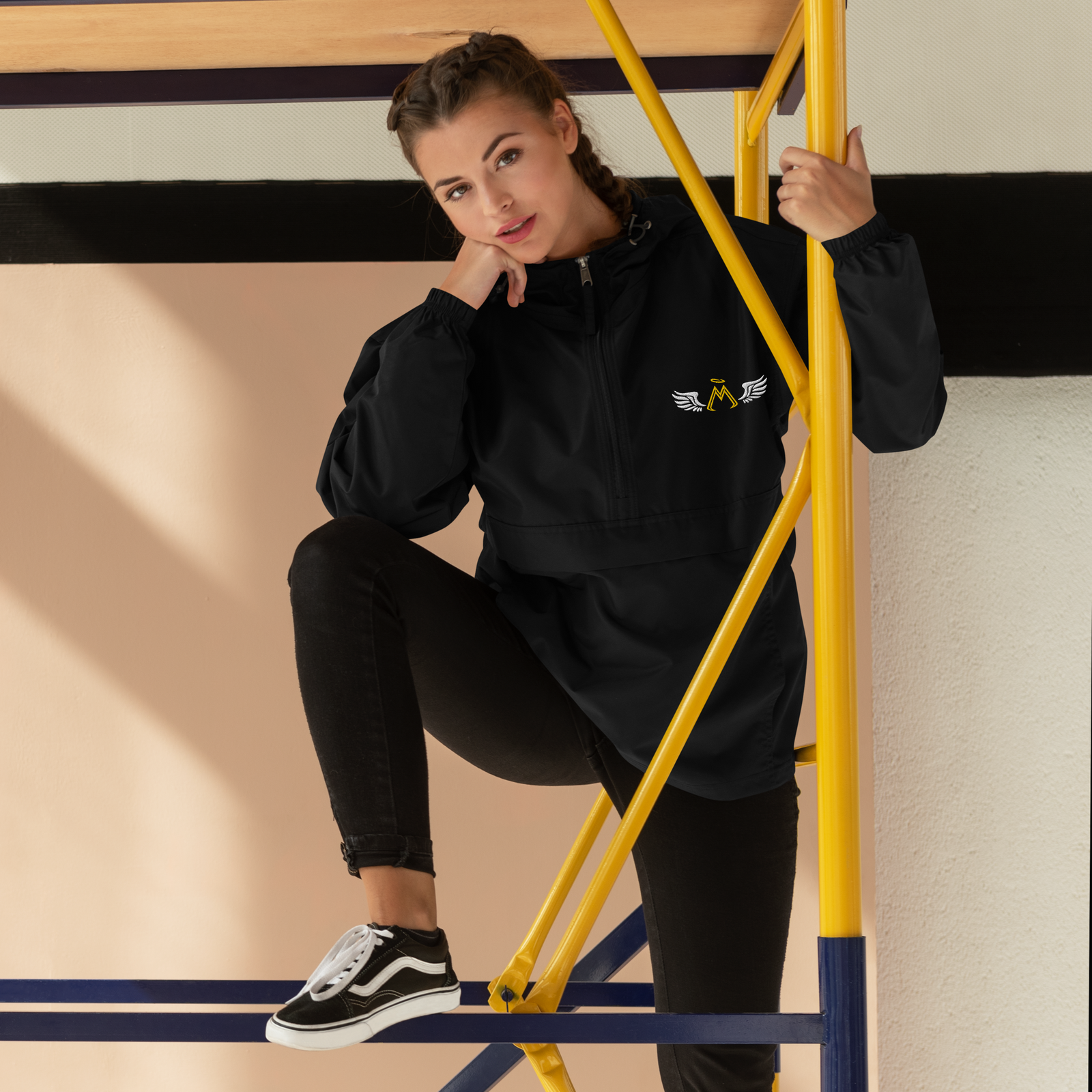 Black Unisex Embroidered Champion Packable Jacket With Embroidered Classic MM Iconic Logo