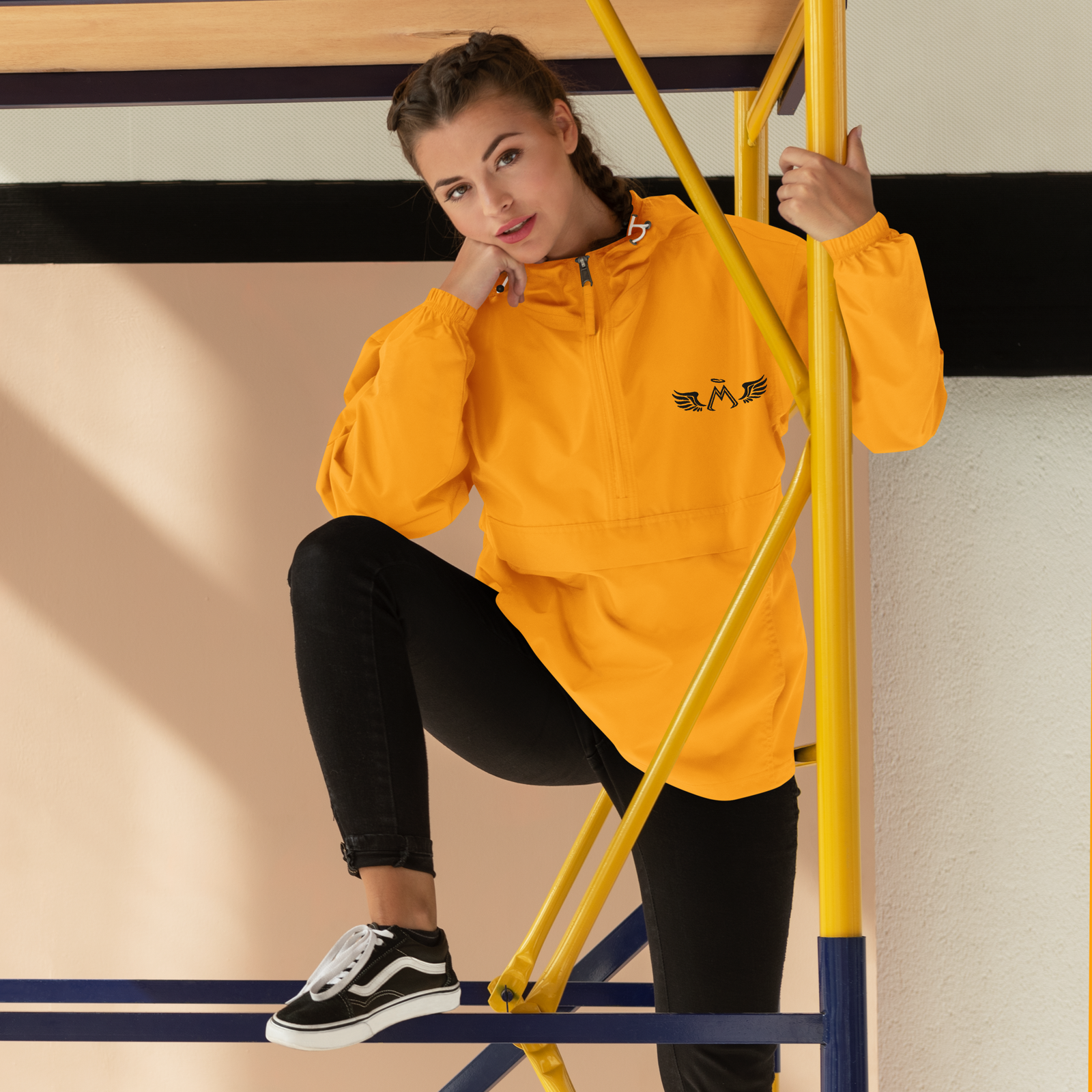 Gold Unisex Embroidered Champion Packable Jacket With Embroidered Black MM Iconic Logo