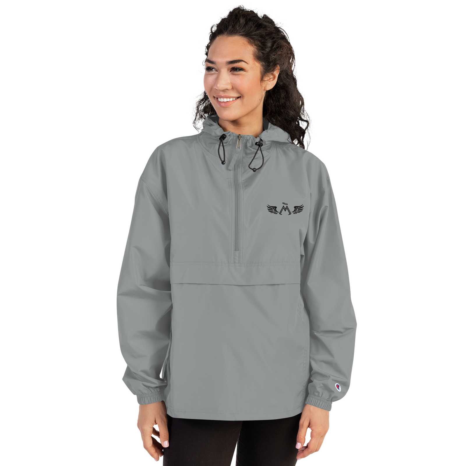 Graphite Grey Unisex Embroidered Champion Packable Jacket With Embroidered Black MM Iconic Logo