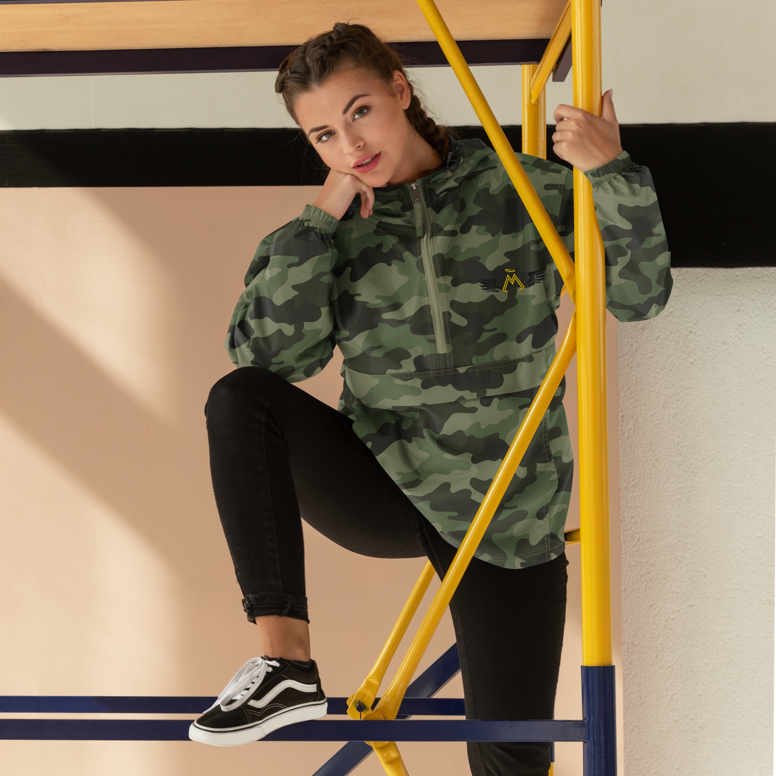 Olive Green Camo Unisex Embroidered Champion Packable Jacket With Embroidered Gold-Black MM Iconic Logo