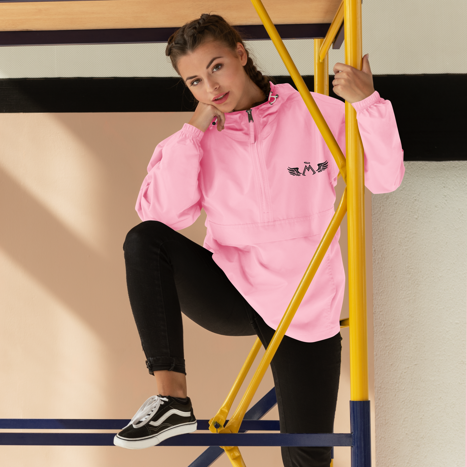 Pink Unisex Embroidered Champion Packable Jacket With Embroidered Black MM Iconic Logo