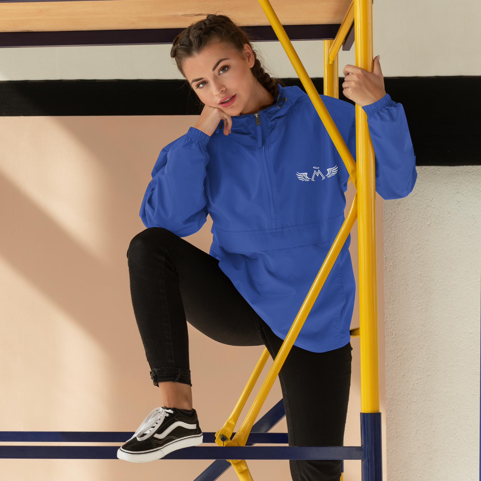 Blue Unisex Embroidered Champion Packable Jacket With Embroidered White MM Iconic Logo