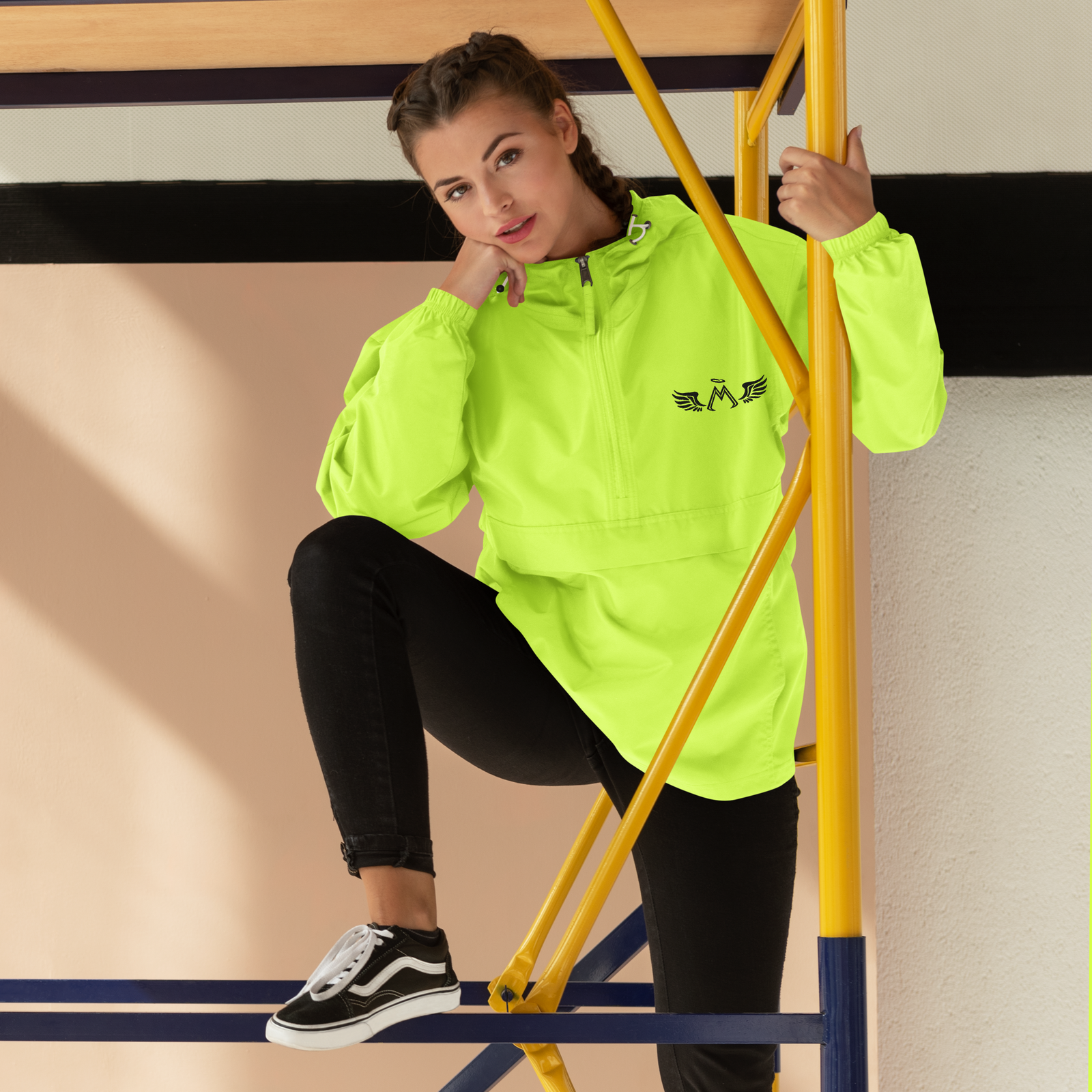 Safety Green Unisex Embroidered Champion Packable Jacket With Embroidered Black MM Iconic Logo