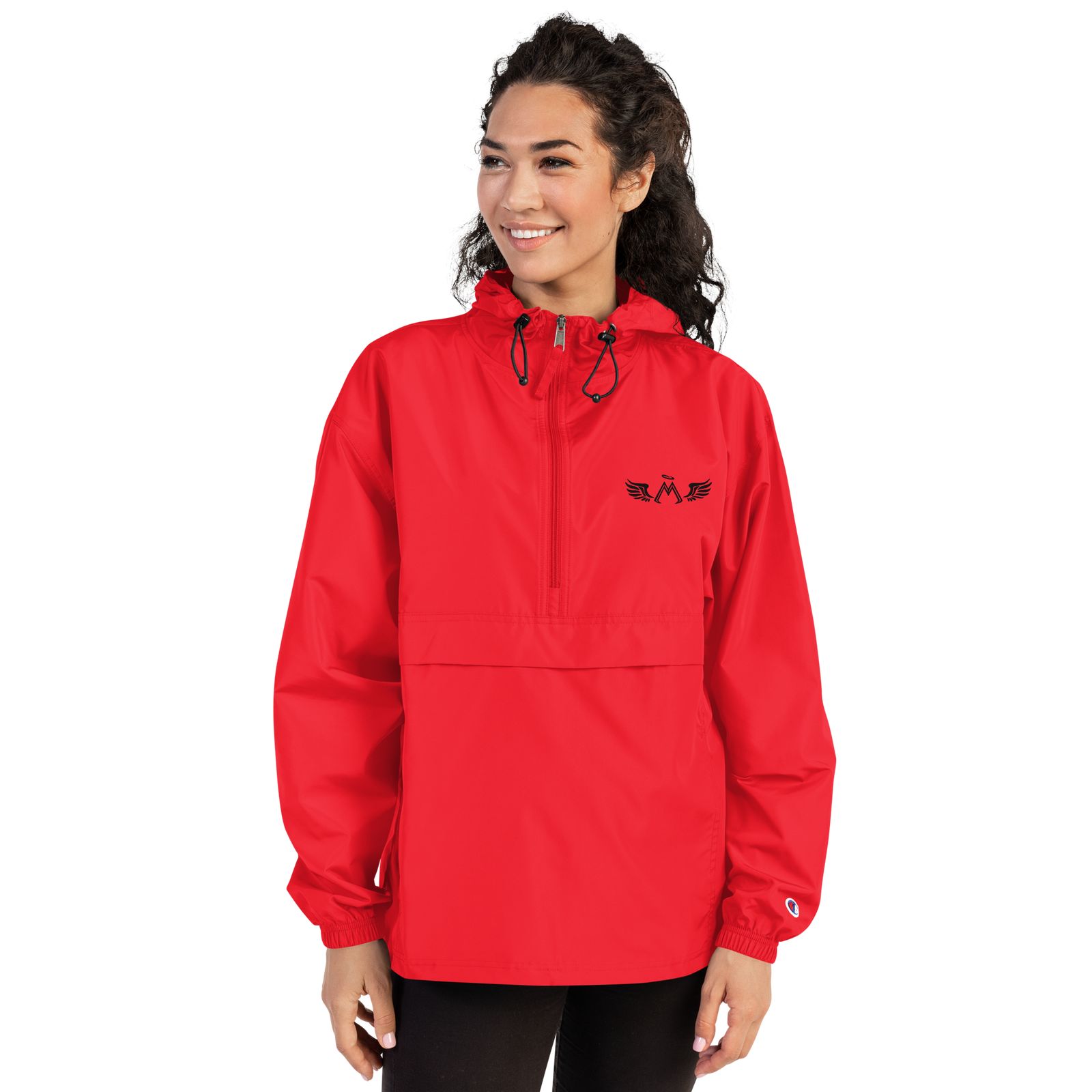 Red Unisex Embroidered Champion Packable Jacket With Embroidered Black MM Iconic Logo