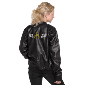 Black Leather Unisex Bomber Jacket With Embroidered Classic MM Iconic Logo