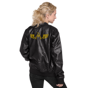 Black Leather Unisex Bomber Jacket With Embroidered Gold MM Iconic Logo