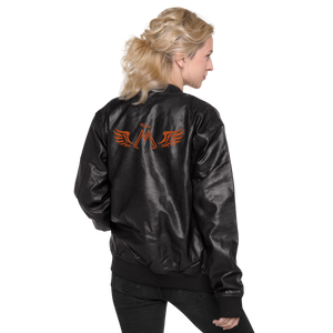 Black Leather Unisex Bomber Jacket With Embroidered Orange MM Iconic Logo