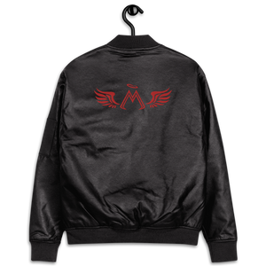 Black Leather Unisex Bomber Jacket With Embroidered Red MM Iconic Logo
