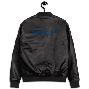 Black Leather Unisex Bomber Jacket With Embroidered Blue MM Iconic Logo