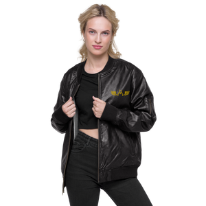 Black Leather Unisex Bomber Jacket With Embroidered Gold MM Iconic Logo