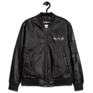 Black Leather Unisex Bomber Jacket With Embroidered White MM Iconic Logo