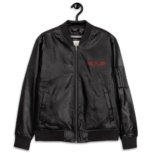 Black Leather Unisex Bomber Jacket With Embroidered Red MM Iconic Logo