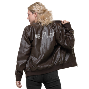 Brown Leather Unisex Bomber Jacket With Embroidered White MM Iconic Logo