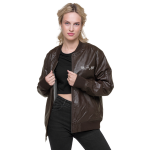 Brown Leather Unisex Bomber Jacket With Embroidered White MM Iconic Logo