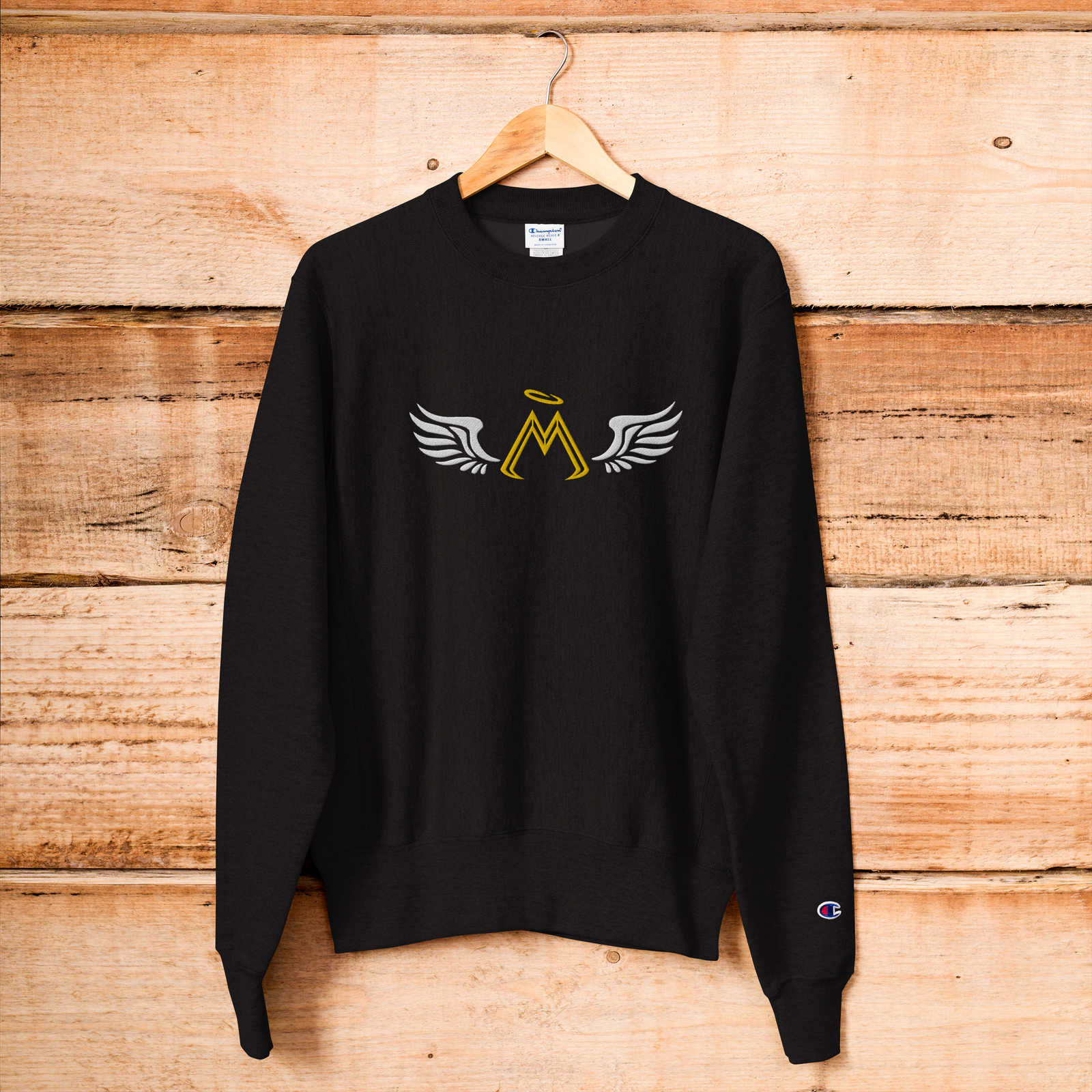 Men's Black Champion Sweatshirt With Embroidered Classic MM Iconic Logo