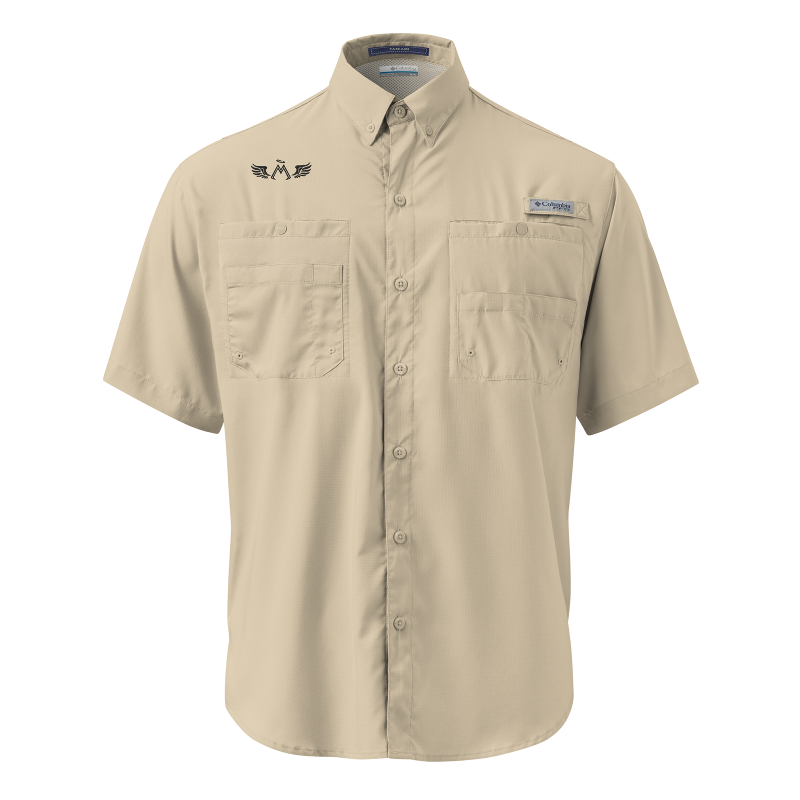 Fossil Tan Unisex Columbia Short Sleeve Button Shirt With Embroidered Black MM Iconic Logo