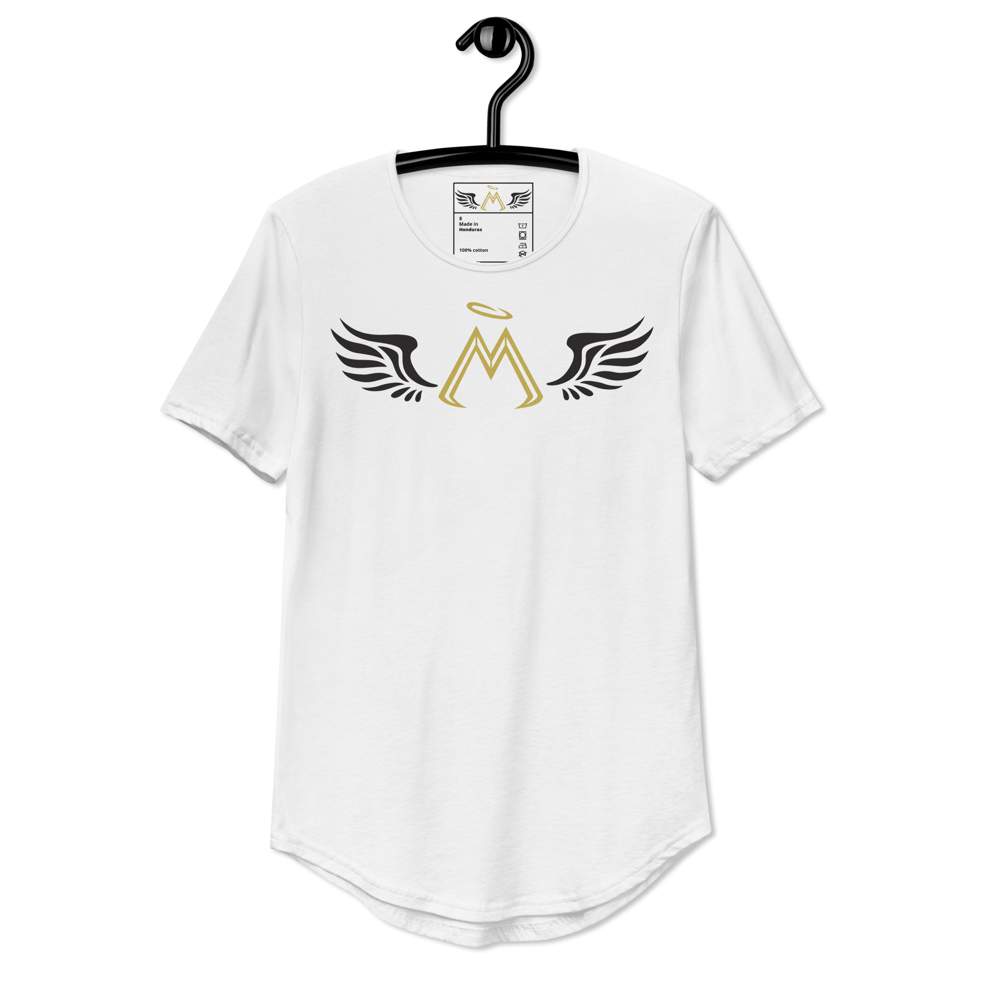 White Curved Hem T-Shirt With Gold-Black MM Iconic Logo