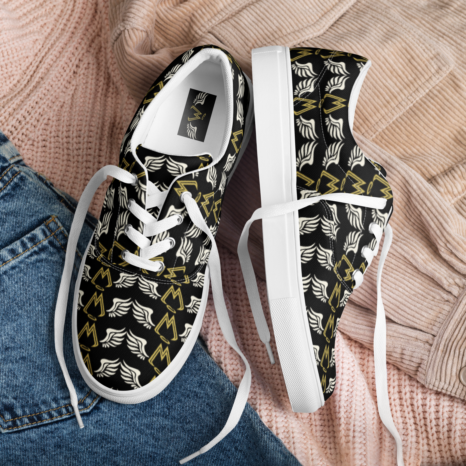 Black Lace-Up Canvas Shoes With Duplicated Classic MM Iconic Logo