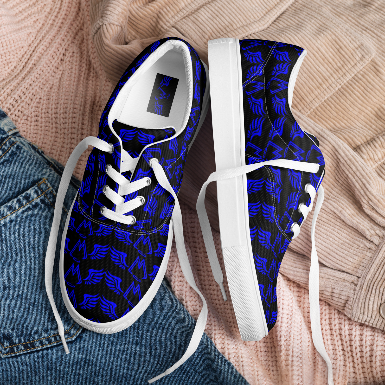 Black Lace-Up Canvas Shoes With Duplicated Blue MM Iconic Logo
