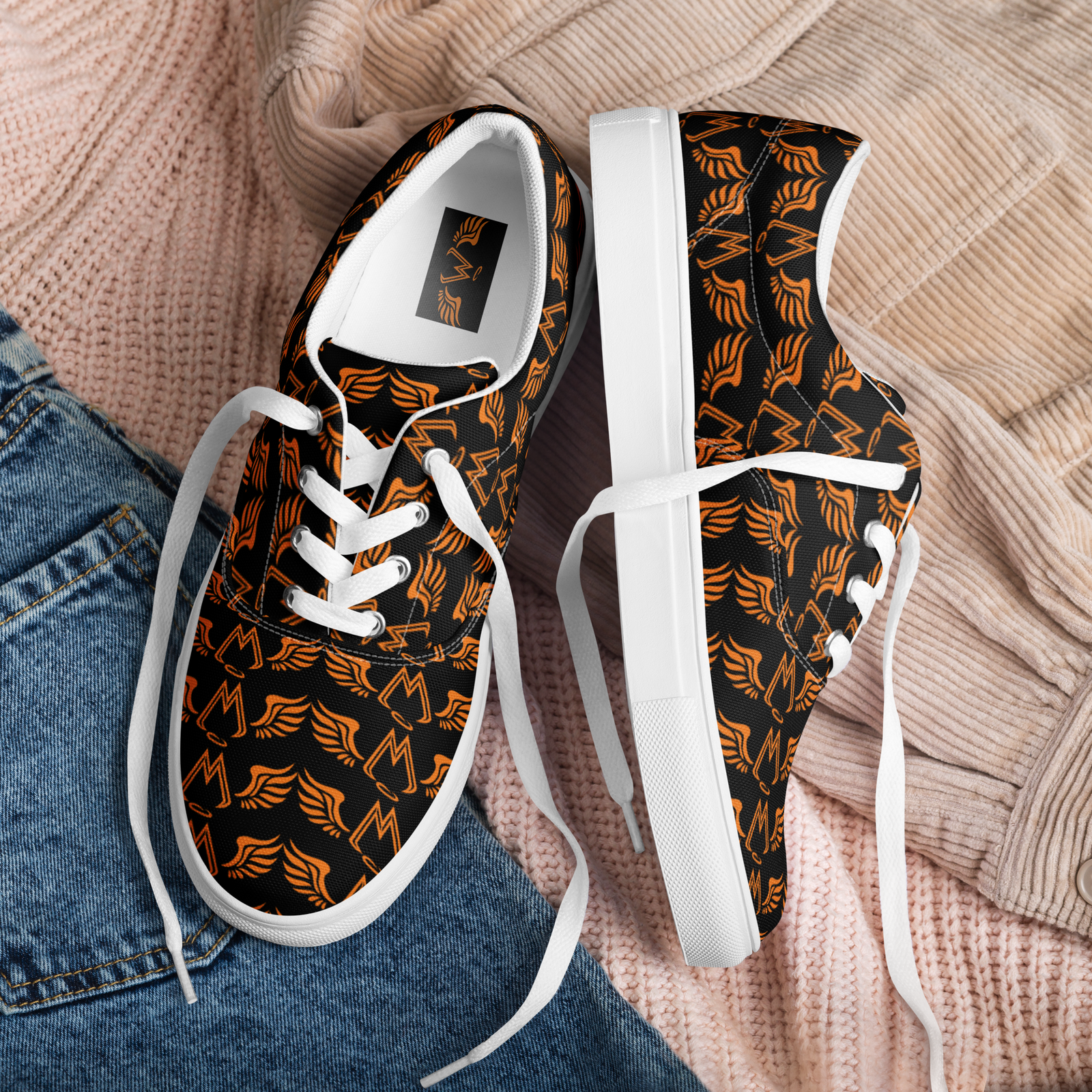 Black Lace-Up Canvas Shoes With Duplicated Orange MM Iconic Logo