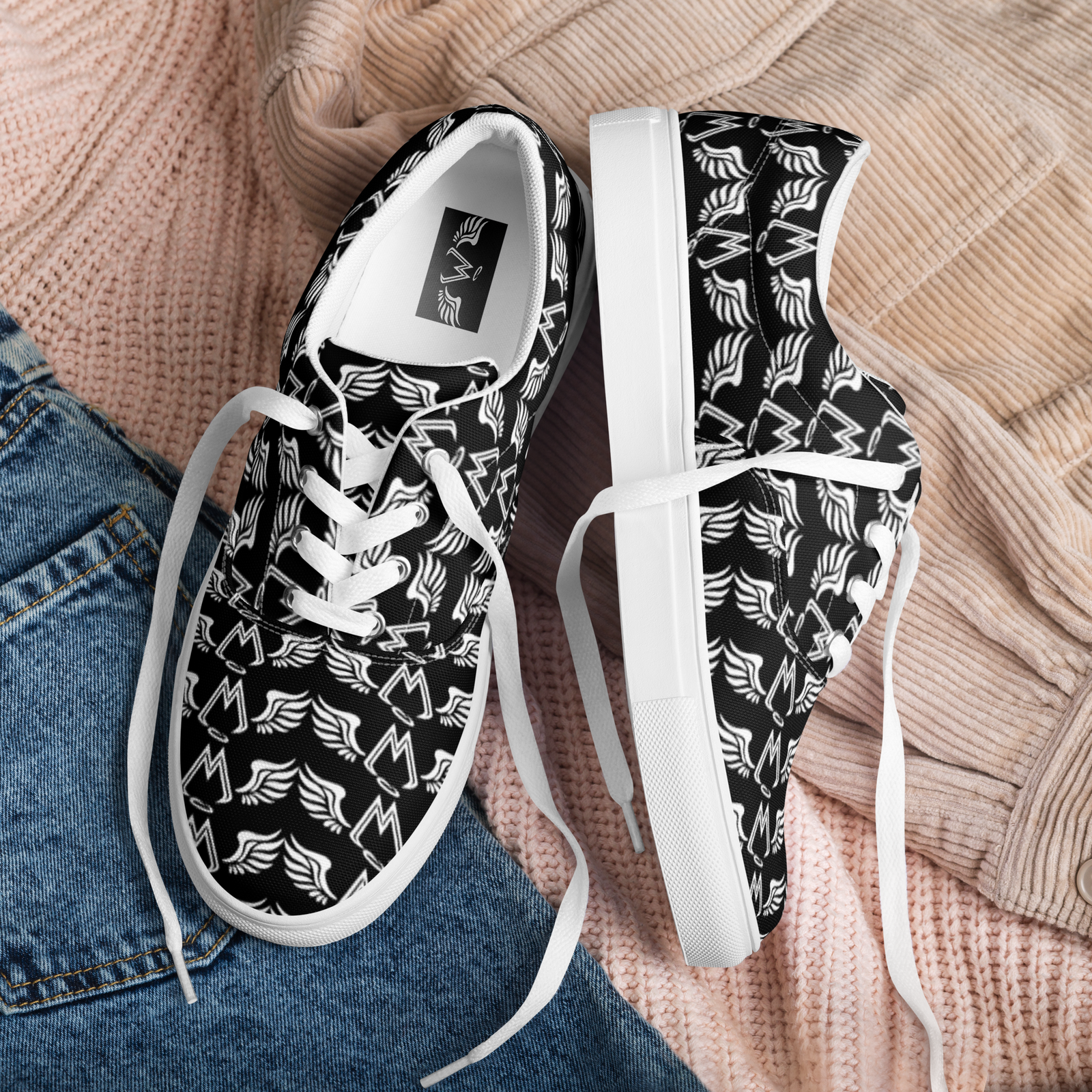 Black Lace-Up Canvas Shoes With Duplicated White MM Iconic Logo