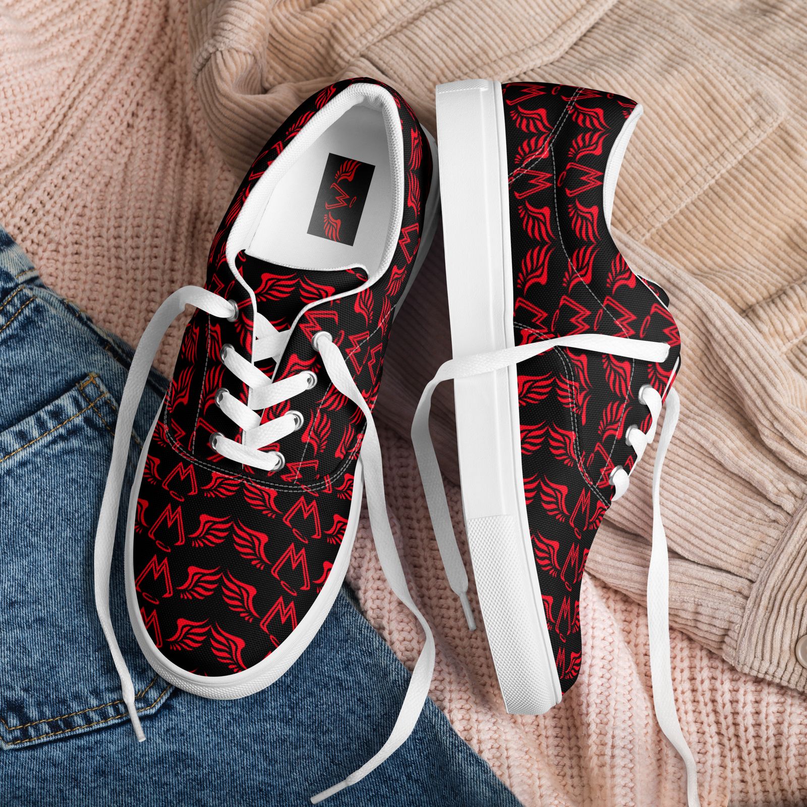 Black Lace-Up Canvas Shoes With Duplicated Red MM Iconic Logo