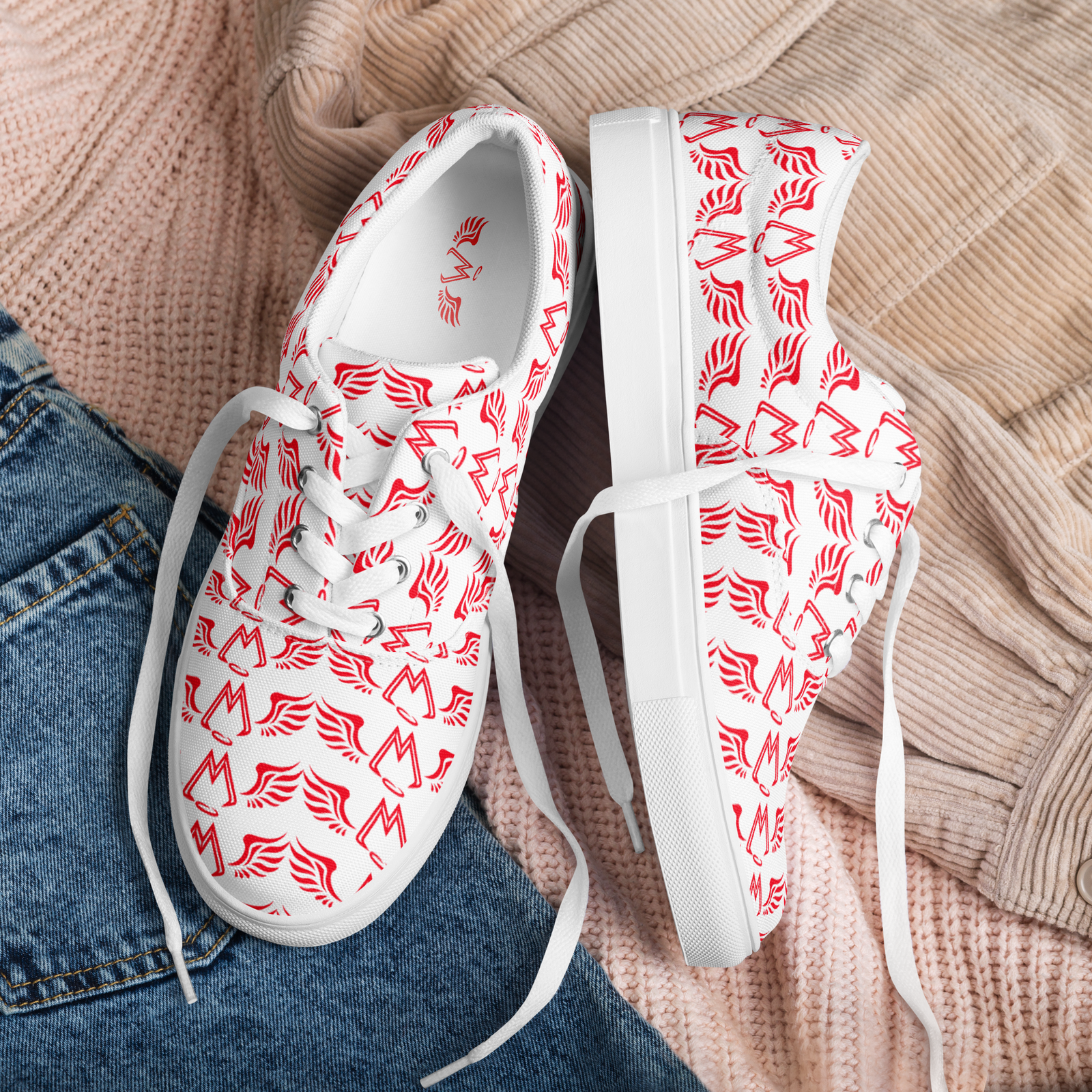 White Lace-Up Canvas Shoes With Duplicated Red MM Iconic Logo