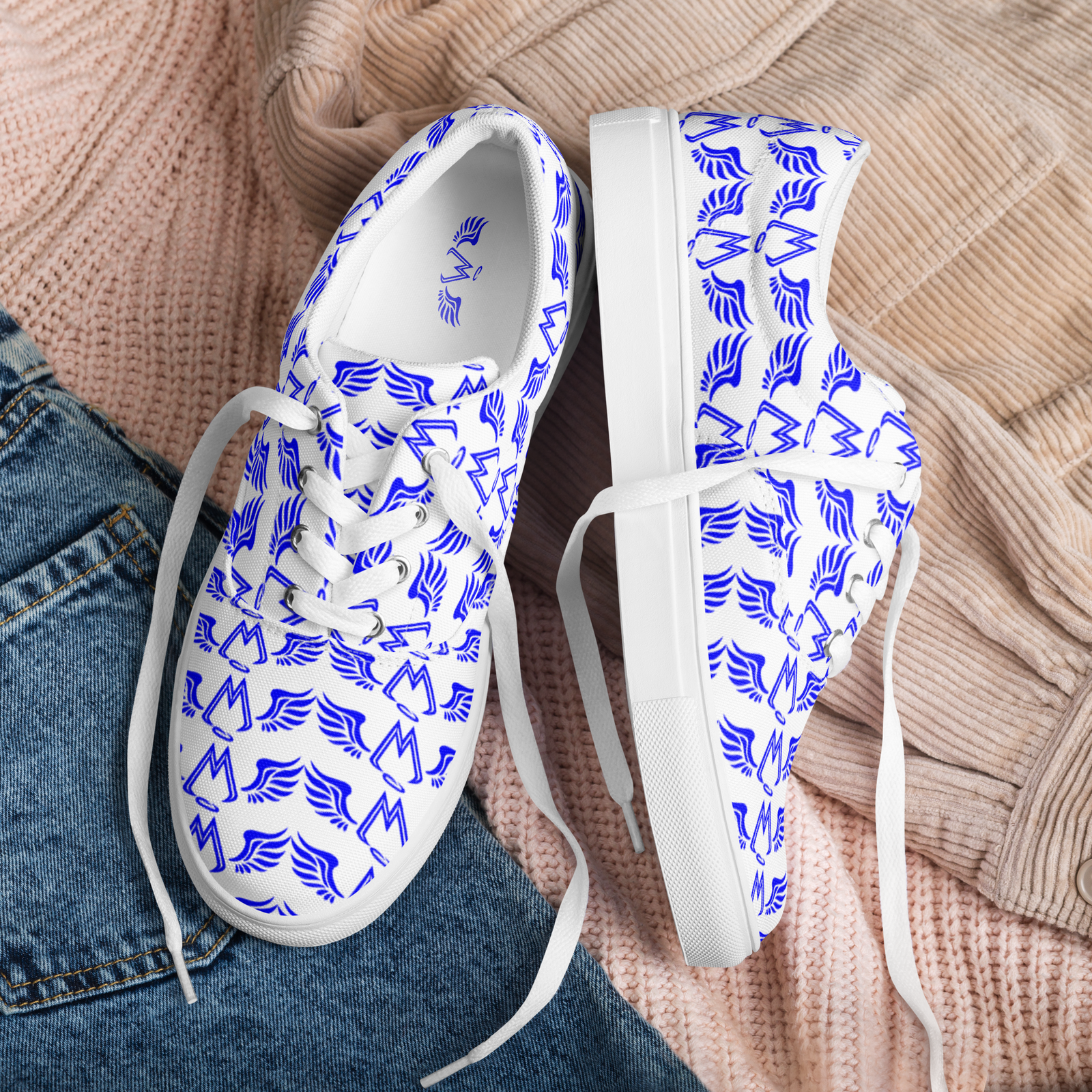 White Lace-Up Canvas Shoes With Duplicated Blue MM Iconic Logo